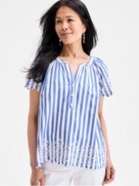 Style & Co Cotton Striped Popover top with lace cutwork detailing.